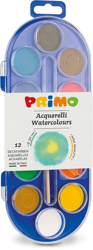 12 watercolour tablets diametre 30 mm in plastic box with lid/mixing palette, 1 brush